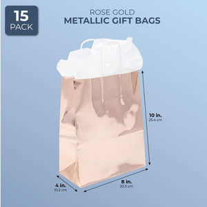 Sparkle and Bash Metallic Party Favor Gift Bags (15 Pack) Rose Gold, 8 x 10 x 4 Inches