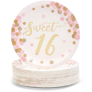Sweet 16 Birthday Party Plates (7 Inches, Pink and Gold, 48-Pack)