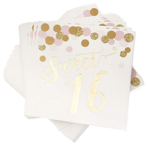 Sweet 16 Paper Napkins with Gold Foil for Birthday Party (6.5 x 6.5 In, 50 Pack)