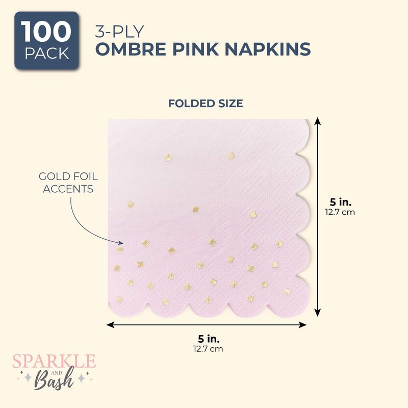 Sparkle and Bash Ombre Pink Party Napkins, 100 Pack, 5 Inches