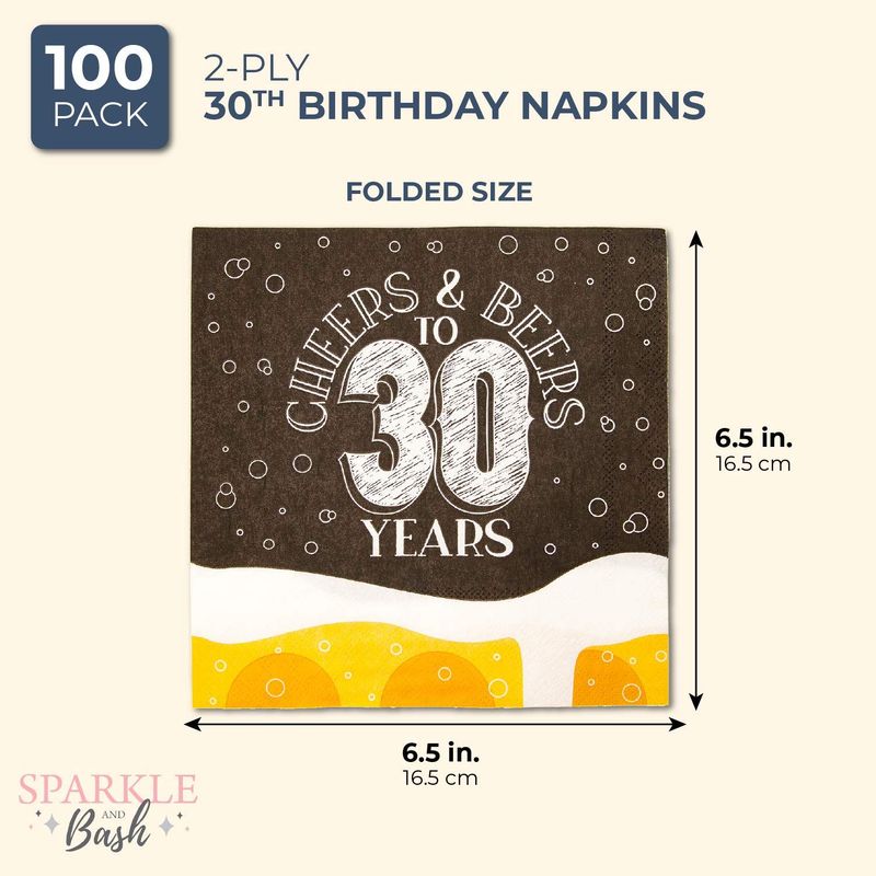 Cheers & Beers Paper Napkins for 30th Birthday Party (6.5 x 6.5 In, 100 Pack)