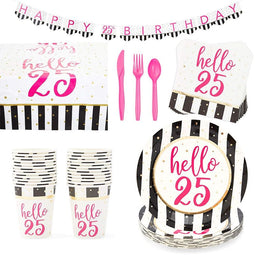25th Birthday Party Pack, Includes Dinnerware Set, Tablecloth, and Banner (Serves 24, 146 Pieces)