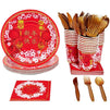 Chinese New Year Party Pack, Includes Paper Plates, Plastic Cutlery, Cups, and Napkins (Serves 24, 144 Pieces)