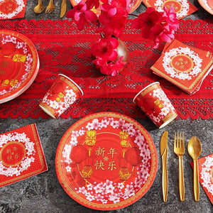 Chinese New Year Party Pack, Includes Paper Plates, Plastic Cutlery, Cups, and Napkins (Serves 24, 144 Pieces)