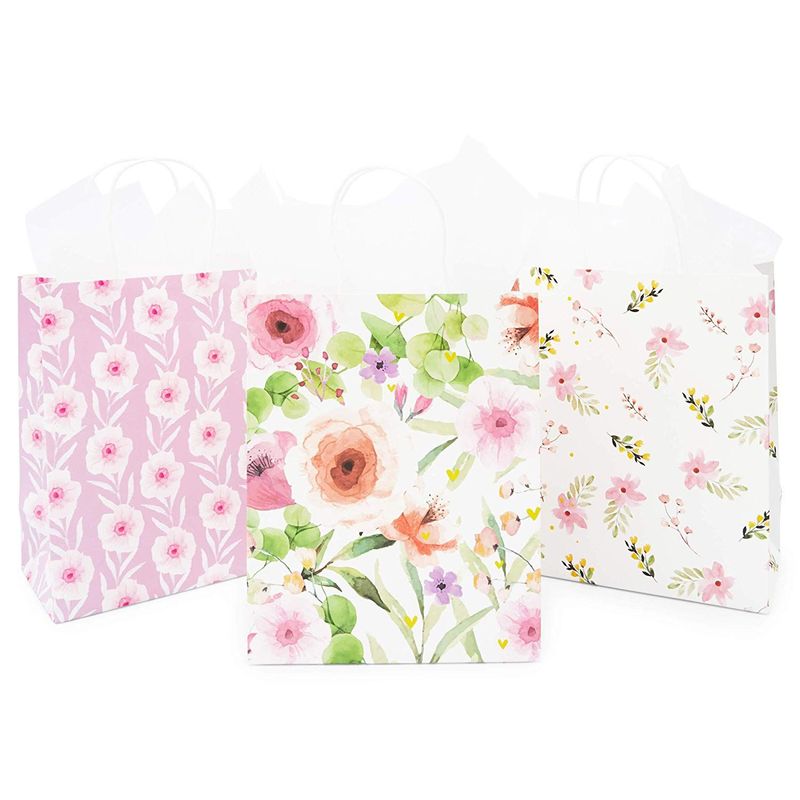 Medium Mothers Day Floral Gift Bags with Tissue Paper (6 Designs, 12 Pack)