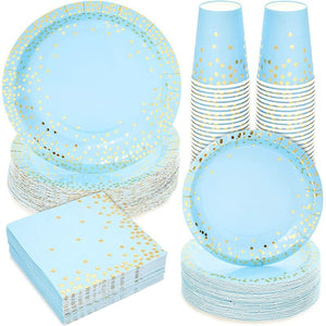 Gold Foil Polka Dot Dinnerware Set for Baby Shower (Serves 50, Blue, 200 Pieces)