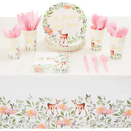 Oh Deer Dinnerware Set with Gold Foil for Baby Shower (Serves 24, 145 Pieces)