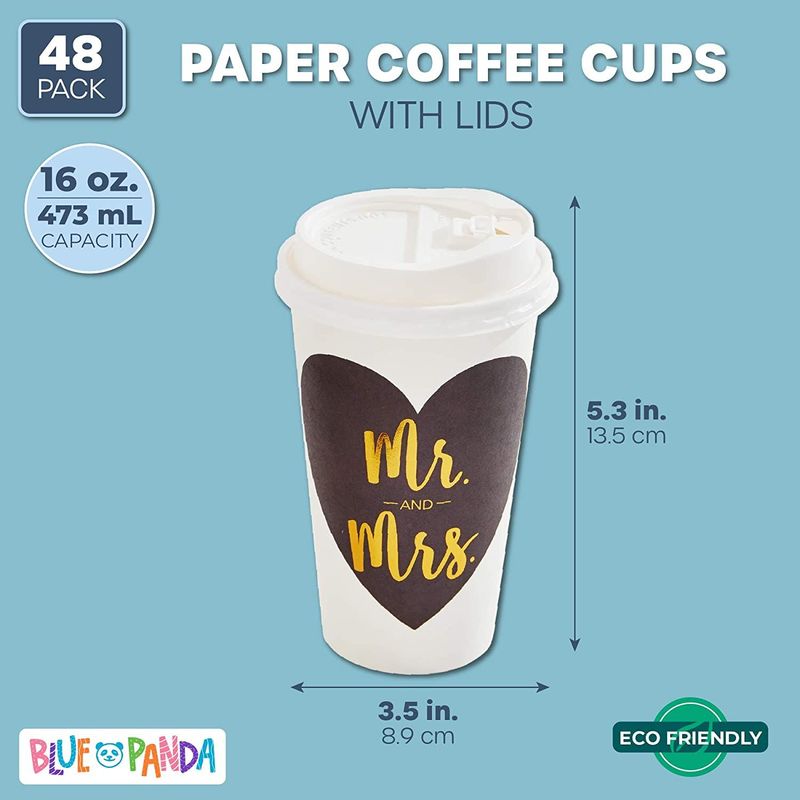 Mr and Mrs Paper Insulated Coffee Cups with Lids (16 oz, 48 Pack)
