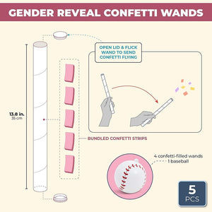 Pink Baby Girl Gender Reveal Confetti Wands for Baby Shower (13.85 in, 5 Pack)