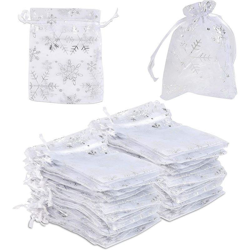 Organza Gift Bags for Christmas Party, Silver Snowflakes (3.5 x 4.75 in, 120 Pack)