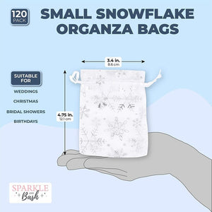 Organza Gift Bags for Christmas Party, Silver Snowflakes (3.5 x 4.75 in, 120 Pack)