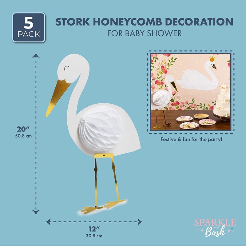 Sparkle and Bash Baby Shower Honeycomb Decoration, White Stork (12 x 20 Inches, 6 Pack)