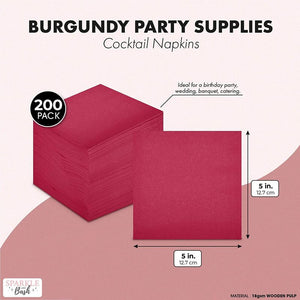 Burgundy Paper Cocktail Napkins, Party Supplies (5 x 5 Inches, 200 Pack)