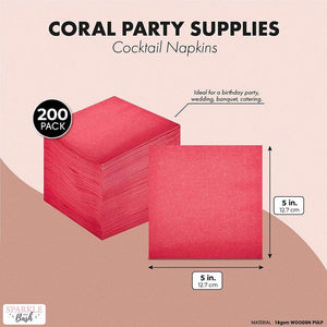 Coral Paper Cocktail Napkins, Pink Party Supplies (5 x 5 Inches, 200 Pack)