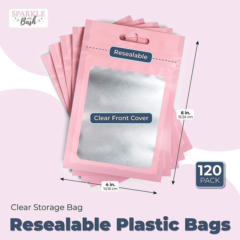 Pink Resealable Plastic Bags, Clear Storage Bag (4 x 6 in, 120 Pack)