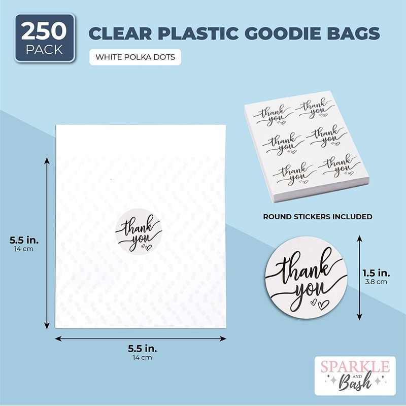 Polka Dot Goodie Bags, Thank You Stickers for Party Favors (White, 5.5 in, 250 Pack)