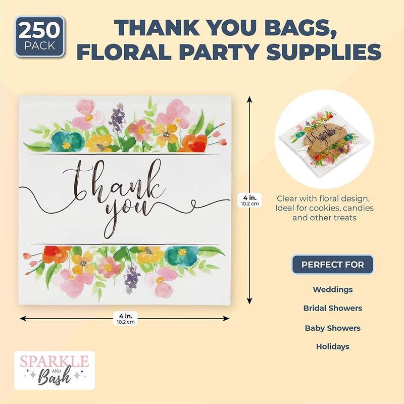 Floral Thank You Party Favor Bags for Candy, Cookies (4 x 4 in, 250 Pack)