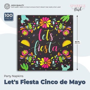 Let’s Fiesta Printed Dinner Napkins Cinco de Mayo Party (6.5 In, Black, 100 Pack)