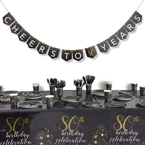 80th Birthday Party Pack, Dinnerware Set and Banner (Serves 24, 171 Pieces)