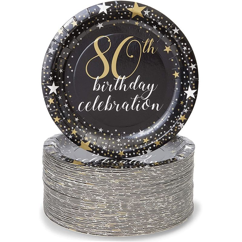 Paper Plates for 80th Birthday Party, Gold Foil (Black, 7 Inches, 80 Pack)