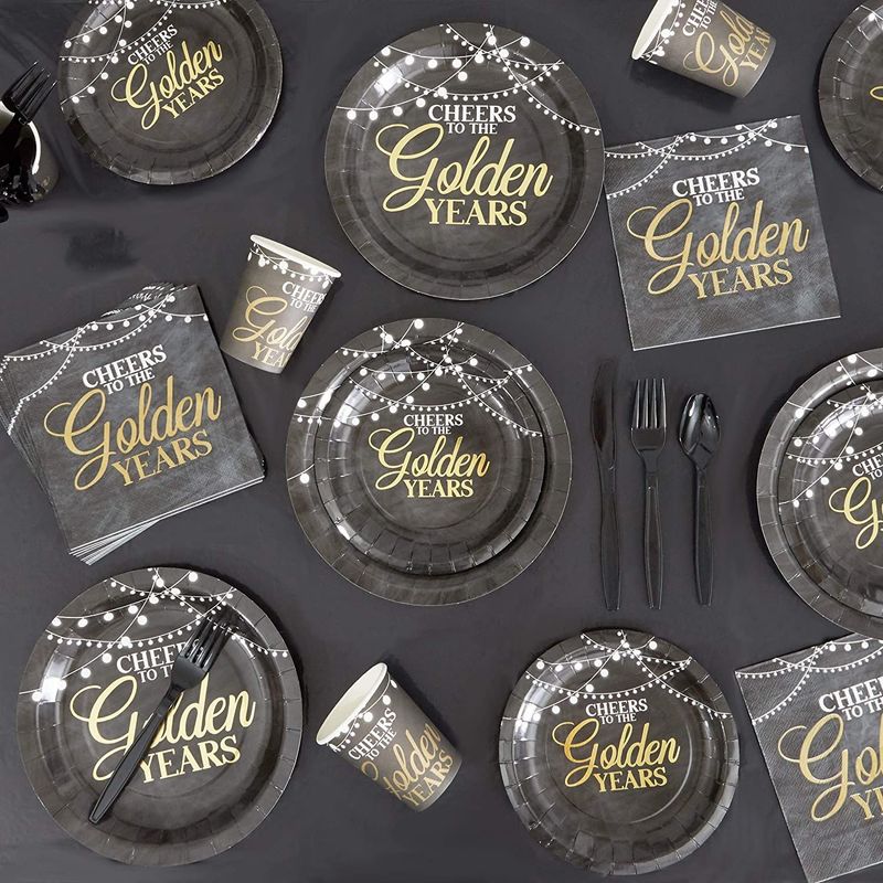 48 Pack Black and Gold Paper Plates with Gold Foil Dots, Birthday,  Graduation, New Years Eve, Retirement, 1920's Party Supplies, Holiday,  Anniversary (9 in, 350gsm)