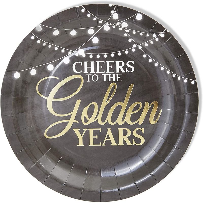 48 Pack Black and Gold Paper Plates with Gold Foil Dots, Birthday,  Graduation, New Years Eve, Retirement, 1920's Party Supplies, Holiday,  Anniversary (9 in, 350gsm)