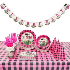 Buffalo Plaid It's a Girl Baby Shower Pack, Dinnerware (194 Pieces, Serves 24)