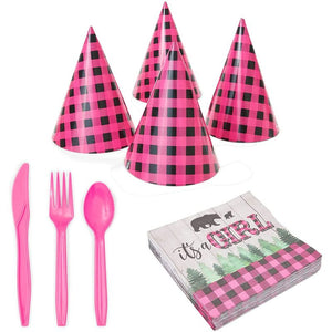 Buffalo Plaid It's a Girl Baby Shower Pack, Dinnerware (194 Pieces, Serves 24)