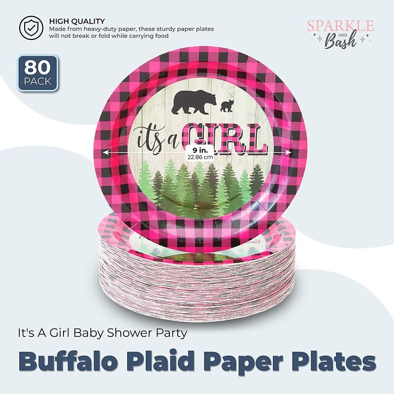 Buffalo Plaid Paper Plates, It's A Girl Baby Shower Party (9 In