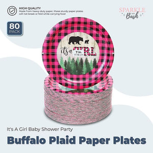 Buffalo Plaid Paper Plates, It's A Girl Baby Shower Party (7 In, 80 Pack)