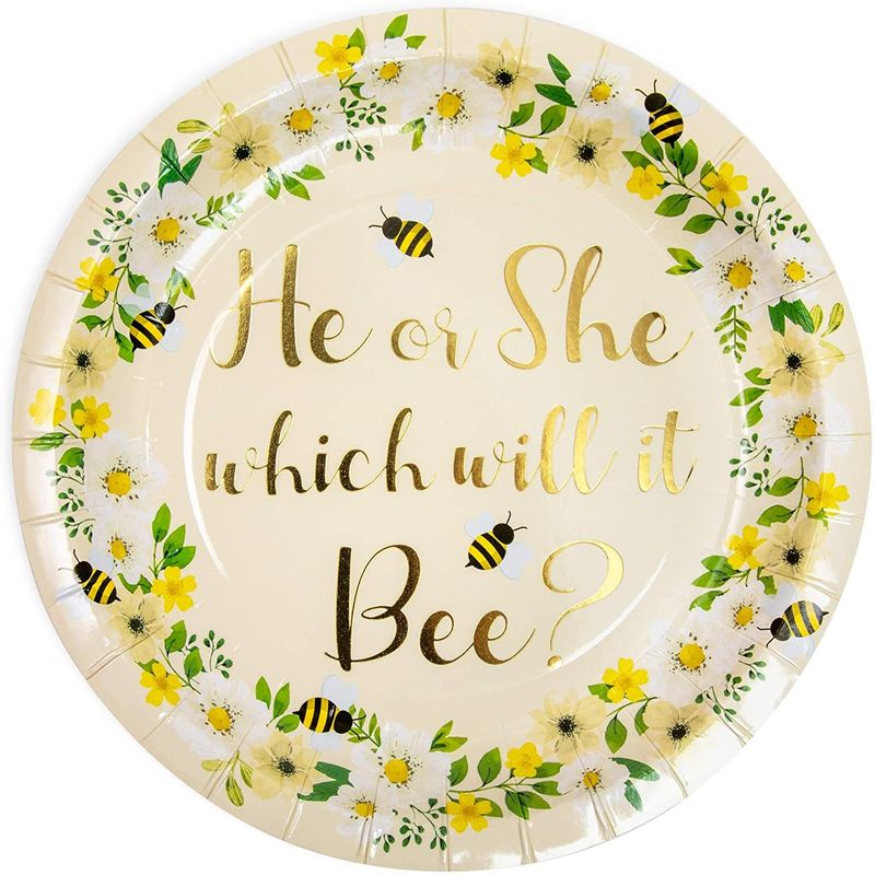 Bee Paper Plates for Gender Reveal Party (7 In, 48 Pack)