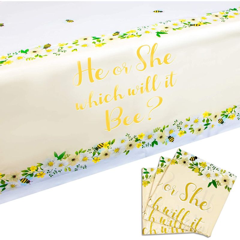 Sparkle and Bash Bee Plastic Tablecloth for Gender Reveal Party (54 x 108 Inches, 3 Pack)
