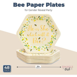 Bee Paper Plates for Gender Reveal Party (9 Inch Hexagon, 48 Pack)