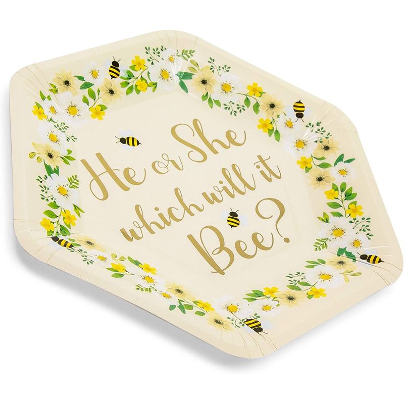Bee Paper Plates for Gender Reveal Party (9 Inch Hexagon, 48 Pack)