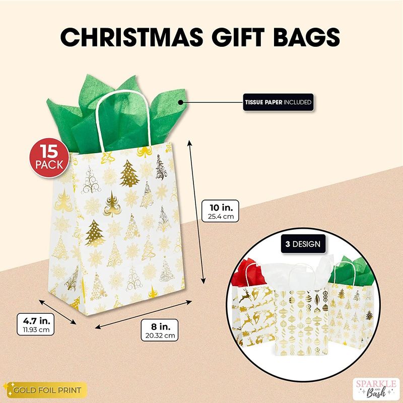 15 Christmas Party Gift Bags, 24 Sheets of Tissue Paper (8 x 10 x 4.7 in, 39 Pieces)