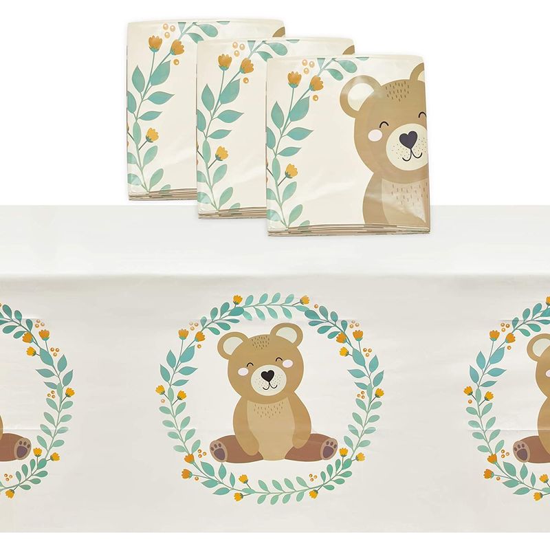 Bear Plastic Tablecloth for Boy Baby Shower Decorations (54 x 108 in, 3 Pack)