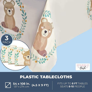 Bear Plastic Tablecloth for Boy Baby Shower Decorations (54 x 108 in, 3 Pack)