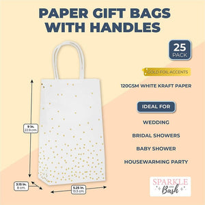 Small White Gift Bags with Handles, Gold Foil Polka Dots (8.6 x 3.5 in, 25 Pack)