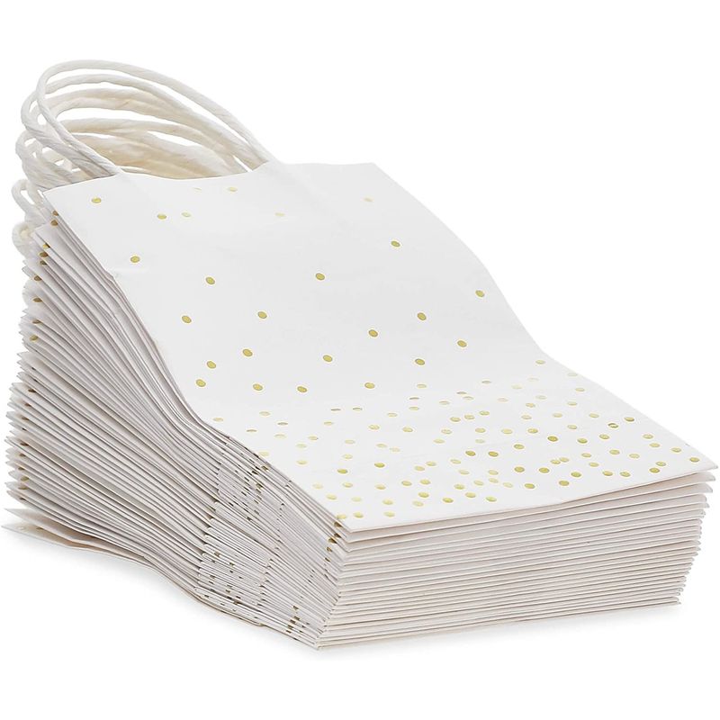 Small White Gift Bags with Handles, Gold Foil Polka Dots (8.6 x 3.5 in, 25 Pack)