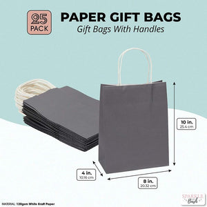 Medium Gift Bags with Handles, Dark Grey (8 x 10 x 4 Inches, 25 Pack)