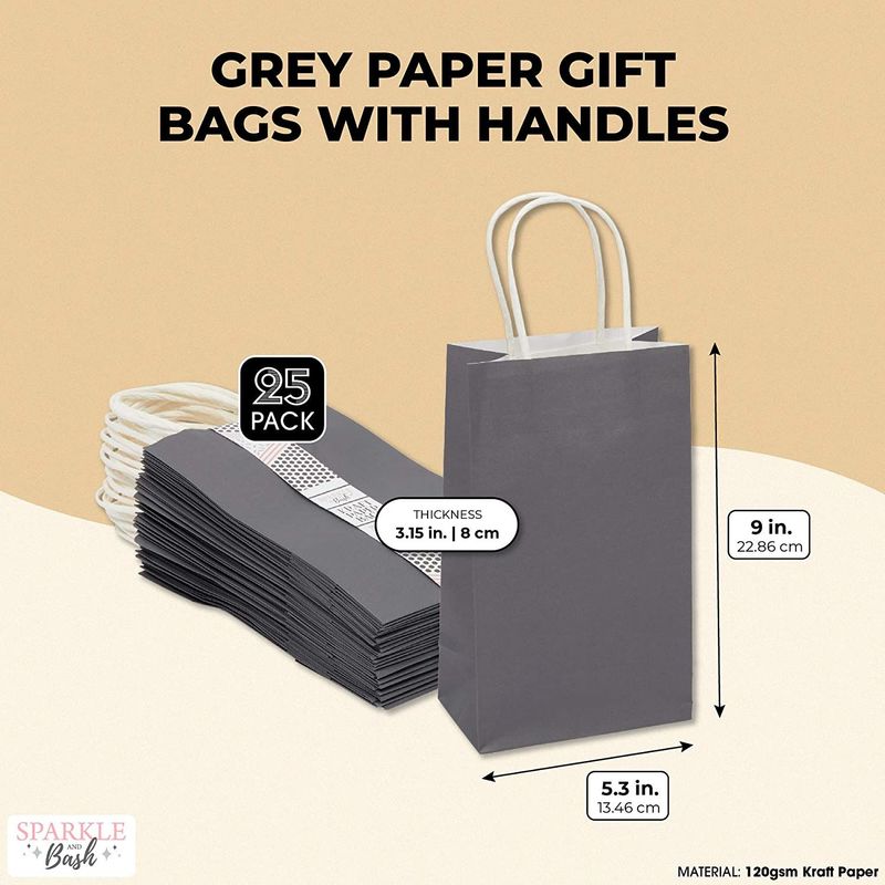 Grey Gift Bags with Handles, Small Size (5 x 9 x 3 in, 25 Pack)