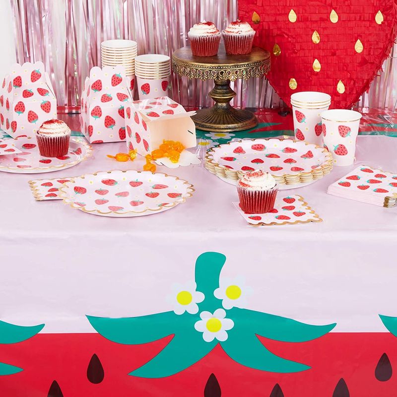 Pink Plastic Tablecloth for Strawberry Party Decorations (54 x 108 in, 3 Pack)