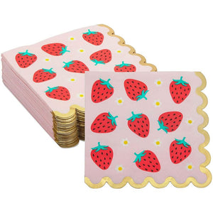 Strawberry Scalloped Paper Party Napkins with Gold Foil (5 Inches, 50 Pack)