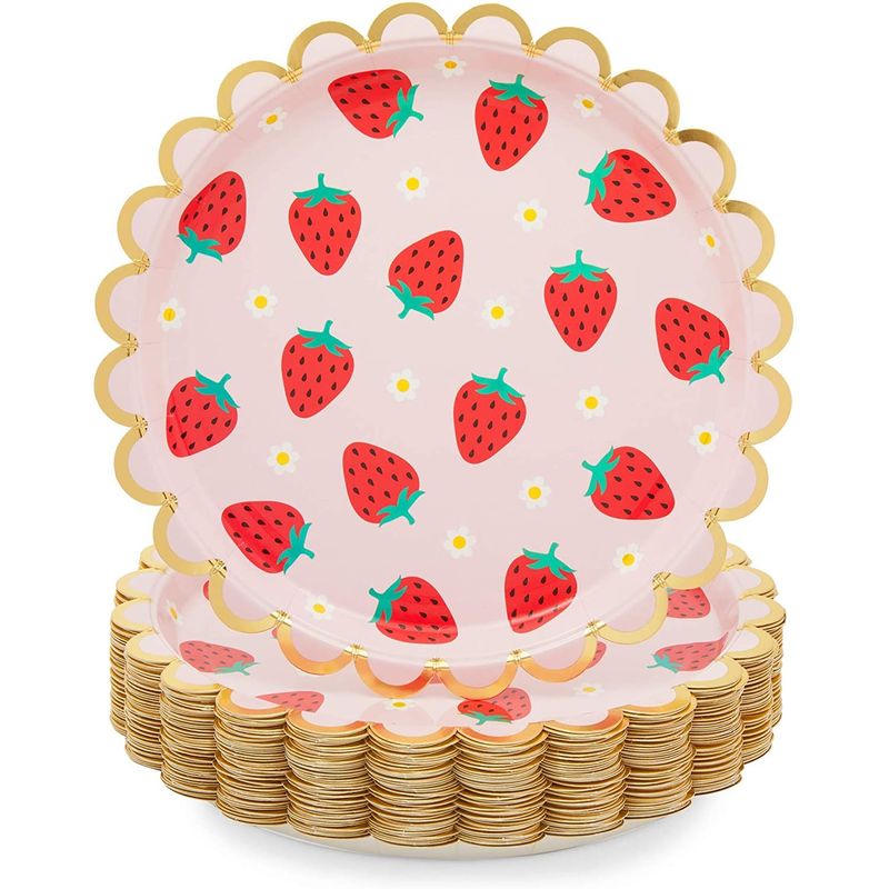 Pink Paper Plates with Gold Foil for Strawberry Birthday Party (9