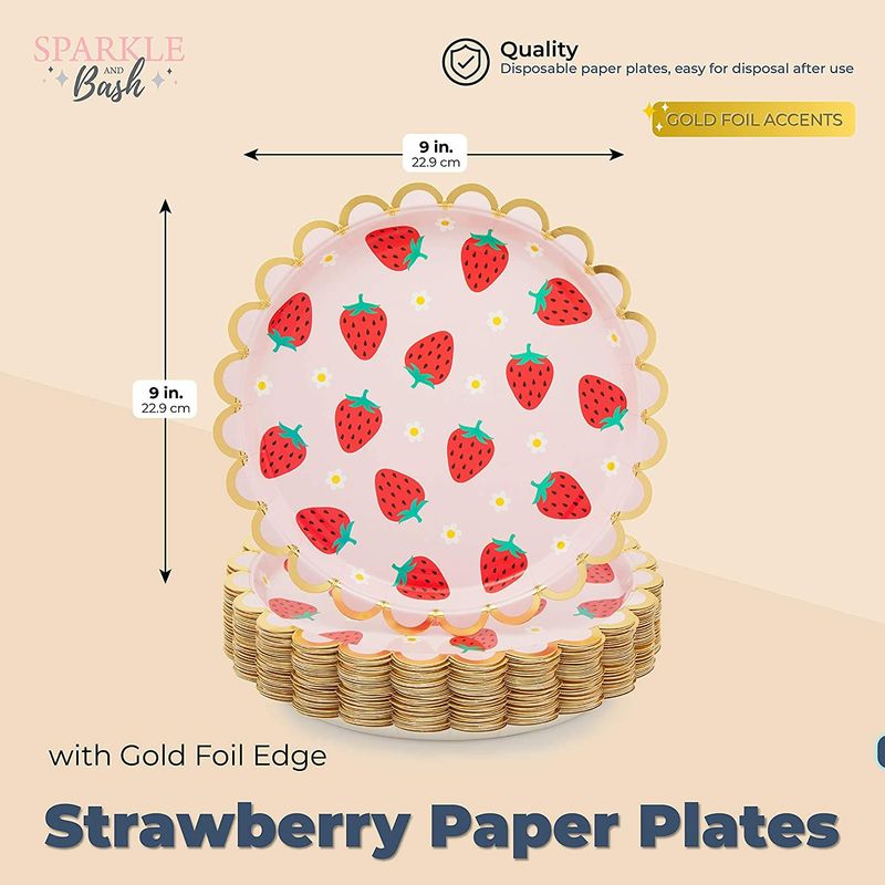 Pink Paper Plates with Gold Foil for Strawberry Birthday Party (9 In, 48 Pack)