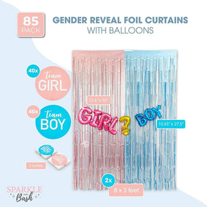 Gender Reveal Party Foil Curtains and Balloons, 80 Stickers (85 Pieces)