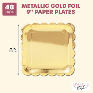 Metallic Gold Foil Square Paper Plates, Scalloped Edge (9 In, 48 Pack)