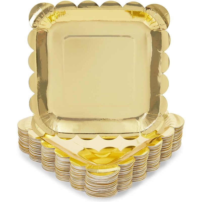 Gold Foil Square Paper Plates Scalloped Edge (7 In, 48 Pack)