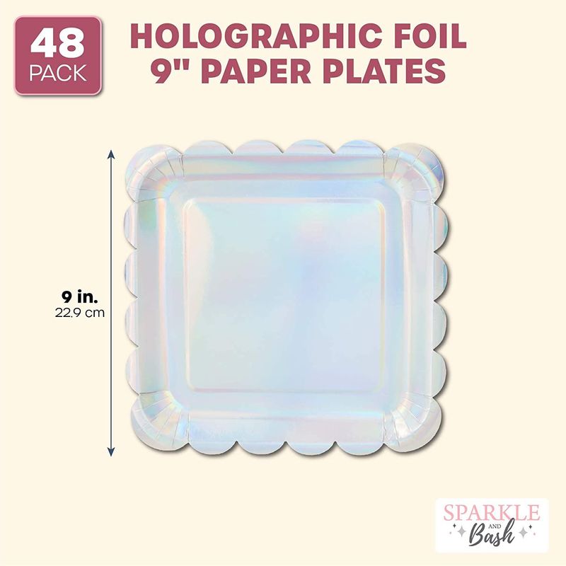 Holographic Silver Foil Square Paper Plates, Scalloped Edge (9 In, 48 Pack)