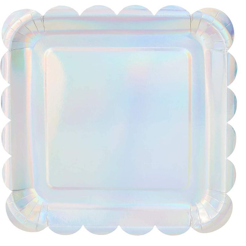 Holographic Silver Foil Square Paper Plates, Scalloped Edge (9 In, 48 Pack)